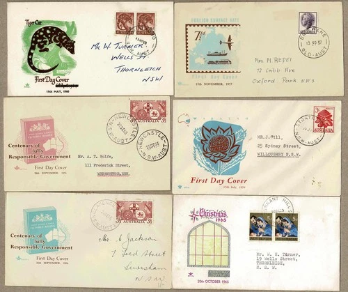 Australia 1956 - 1965 FDC Cover x6 Misc Lot inc Flowers Tiger Cat