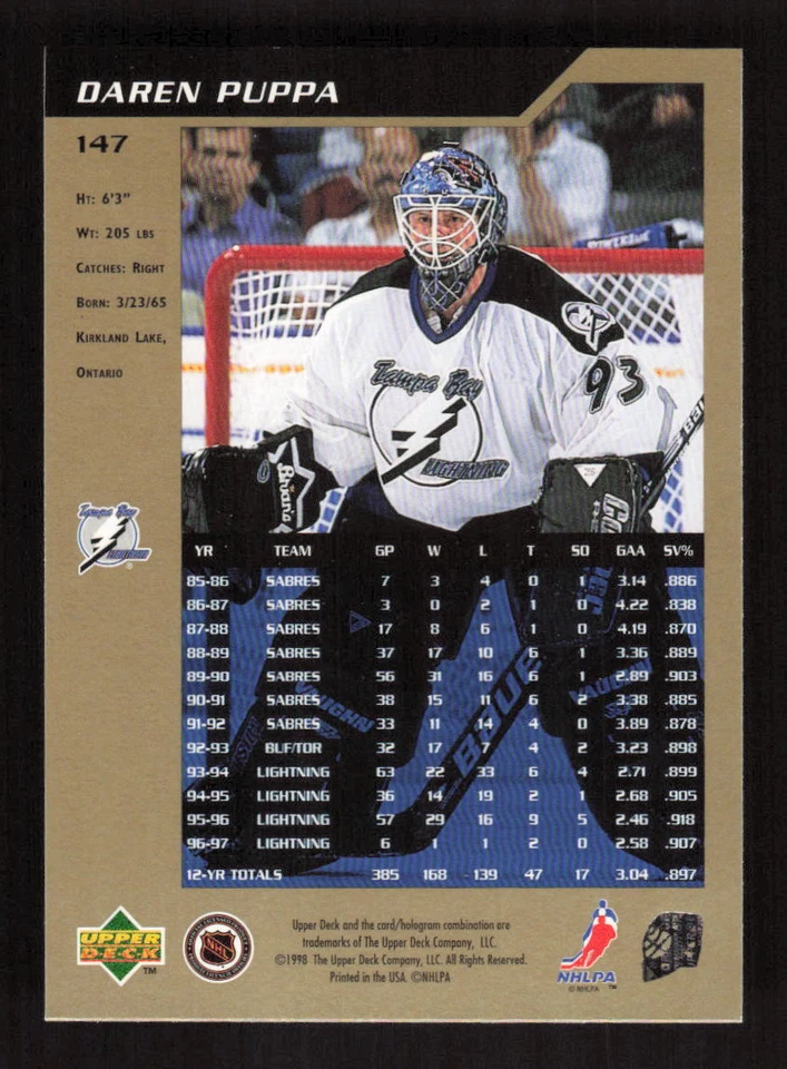 1997-98 SP Authentic #147 Daren Puppa Tampa Bay Lightning - Image 2 of 2