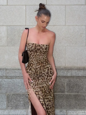 princess polly baby blue dress Berylove Women Square Neck Work Dress Brown Leopard Print Bodycon Midi Formal Dress, Brown / US2 main image 0
