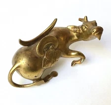 Antique Chinese Brass Mirror Stand, Xiniu or Qilin Form, 19th C Qing Repaired