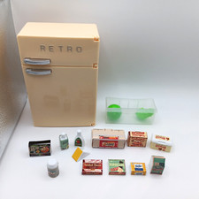 Doll House Retro Refrigerator/Ice Box Beige With Mini Food Items/Accessories