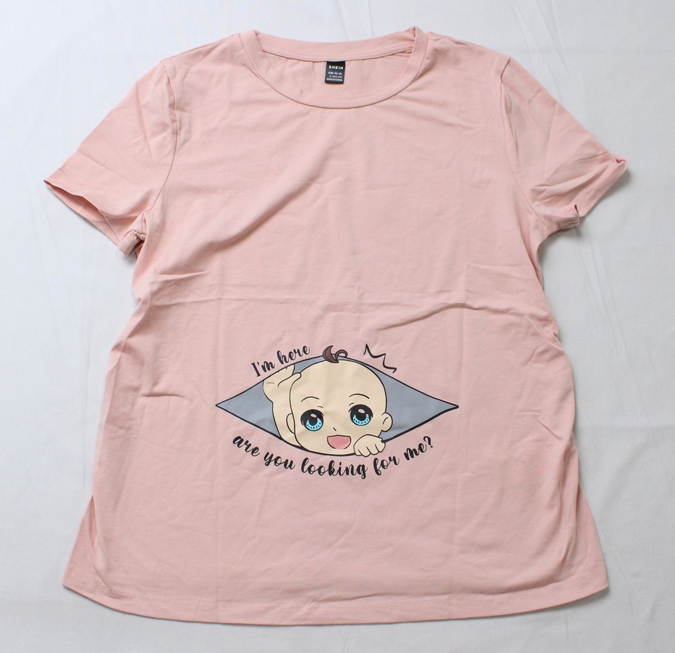 Shein Women's Maternity Slogan & Figure Graphic Tee AN3 Baby Pink Large