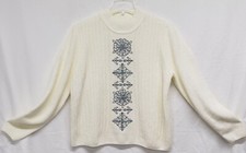 Alfred Dunner Long Sleeve Ivory Chenille Sweater with Embroidery  Beads Petite