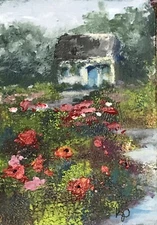 ACEO ATC Signed Art Print “Irish Garden Cottage” Landscape Artist Trading Card