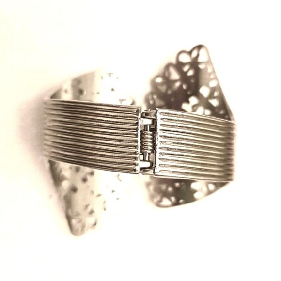 Silvertone Boho Cuff Spring Hinged Bracelet - image 3
