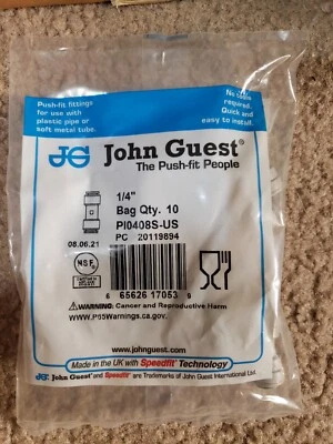 John Guest Connector Push–Fit Fittings, 1/4" PI0408S-US QTY 10 PK