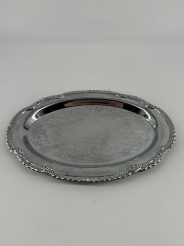 Vintage Irvinware Oval Serving Tray Chrome Plated Etched Design USA MADE - Afbeelding 1 van 7