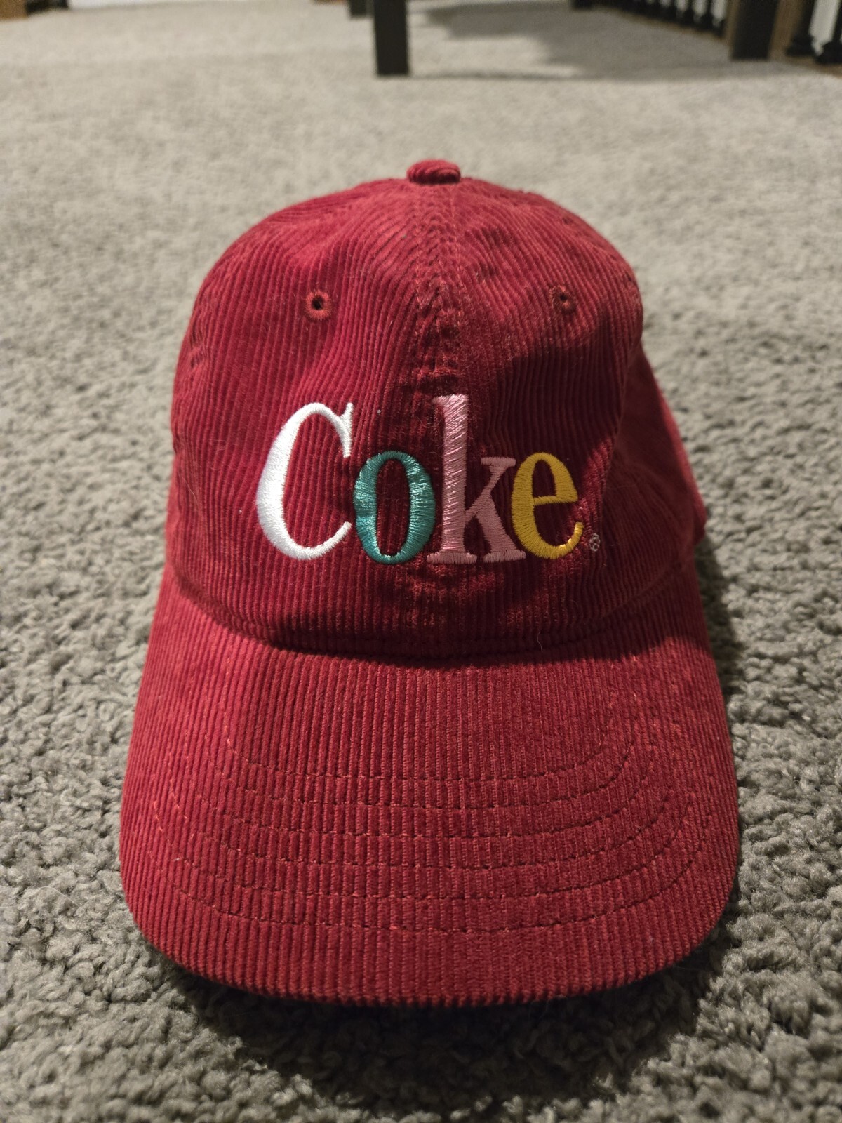 COKE Corduroy Cap Adjustable Fitting Retro Style Maroon Coca Cola Hat