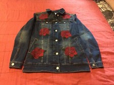Vtg Lularoe Embrodied Red Roses Denim Jean Jacket Womens Size Xs