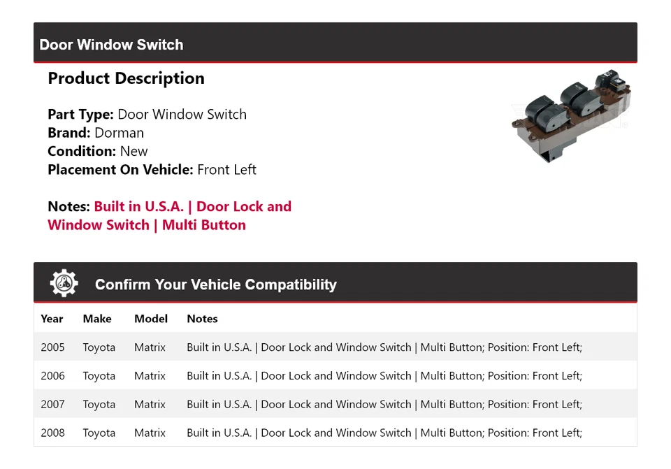 Выключатель переднего левого окна двери для Toyota Matrix Dorman 2005-2008 годов выпуска 2006 2007 годов выпуска - Изображение 2 из 4