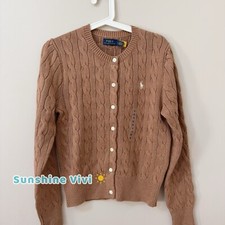 NWT Polo Ralph Lauren Cable-Knit Cotton Crewneck Cardigan Camel Women's Medium