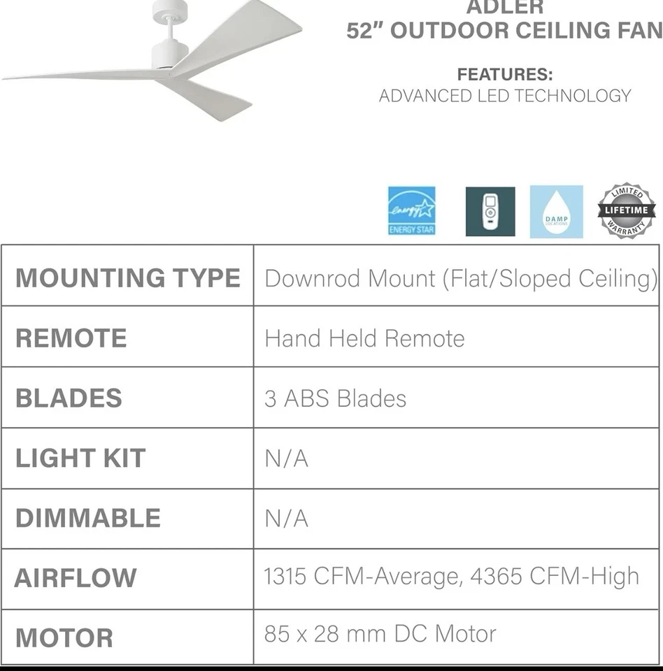 Ventilador Visual Comfort Adler 52" Ventilador de Techo, Blanco Mate - 3ADR52RZW Foto 4 de 4