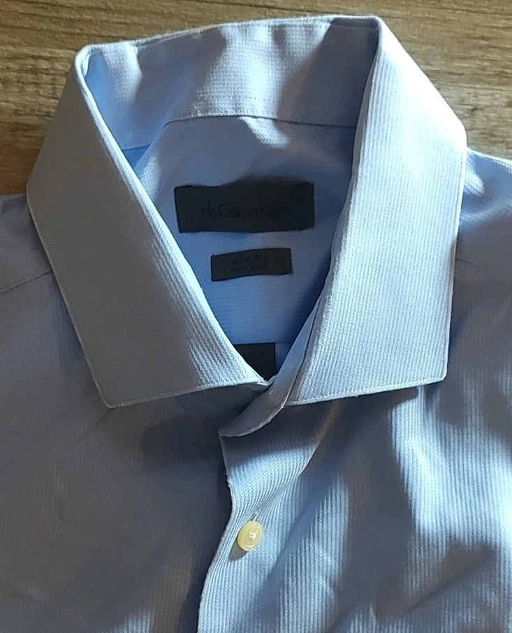 Calvin Klein button up Mens 16 (36-37 tall) lite Blue Slim Fit Non-Iron cotton  - Image 3 of 4