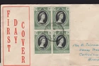 JAMAICA: 1953, FDC, QEII CORONATION. FRNKD WITH BLK OF FOUR. SENT TO AUSTRALIA