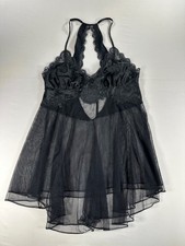 Victoria's Secret Y2K Lace Satin Babydoll Chemise Nightie Pink Ribbon Tag Black