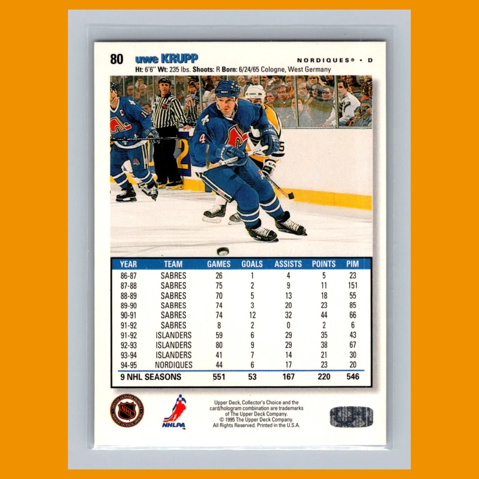 Uwe Krupp #80 1995-96 Collectors Choice Players Club Platinum Quebec Nordiques - Image 2 of 3