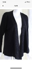 Eileen Fisher Beeded Open Front Cardigan Black Merino Wool 1X