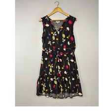 Cottagecore Loft Outlet Women LG Black Floral Ruffle Hem V-Neck Tie Waist Dress