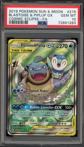 Pokemon Blastoise & Piplup GX Cosmic Eclipse Full Alt Art #215 PSA 10 Gem Mint