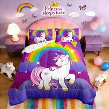 Girls Unicorn Comforter Set Twin Girls Bedding Set Cute Rainbow Unicorn Print...