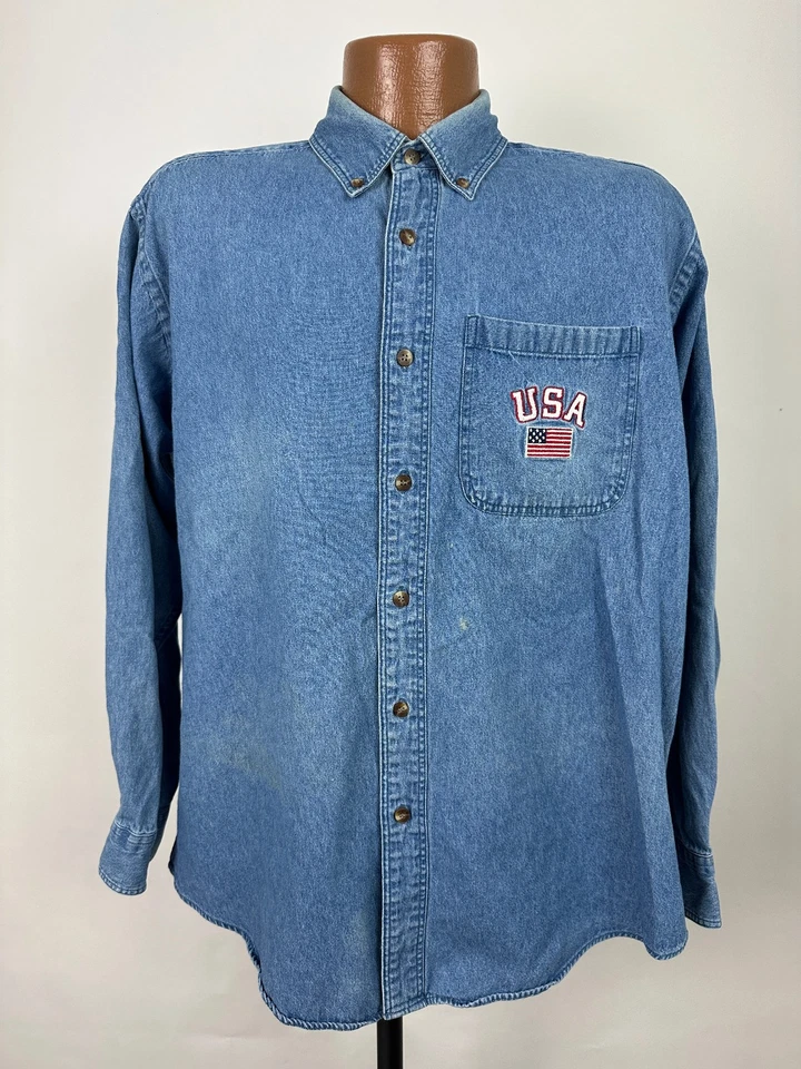 Vintage USA Denim Shirt Men Medium Button Down Long Sleeve Blue Croft Barrow Y2K - Image 2 of 4