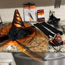 Halloween Witch Costume Lot Hats, Tights, Wig, Gloves One Size