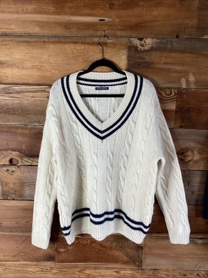Brandy Melville Wool Cable Knit Cream/Navy Sweater V-Neck Cricket Preppy College