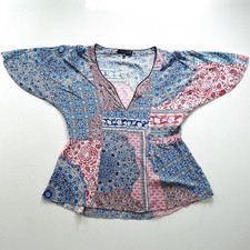 Sanctuary Dress Women's Small Red Blue Patchwork Boho V Neck Long Sleeve Shift