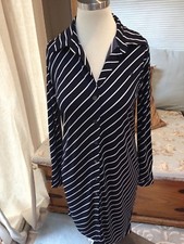 Anne Klein Preppy Navy Blue White Diagonal Stripe Button Down Stretch Dress S