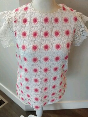 J.Crew Mosaic Floral Lace Crochet blouse XS White Pink Cottagecore Boho