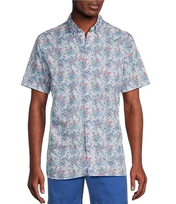 Cremieux Blue Label $75 White Floral Short-Sleeve Cotton Poplin Shirt SMALL NWT