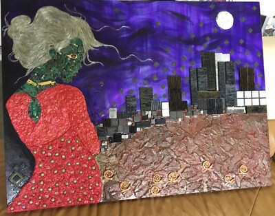 Mixed media painting Hi Tech robot lady Cisco systems Superman large oil Surreal