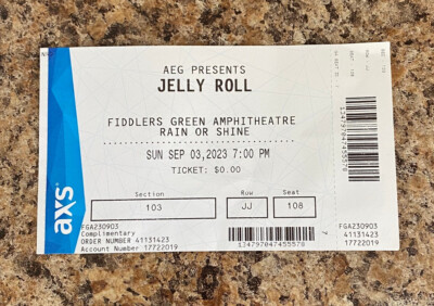 JELLY ROLL - 9/3/2023 Ticket Stub Fiddler's Green Denver, Colorado Englewood