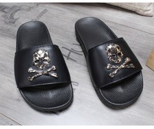 New Fashion Leather Flip Flops Slippers Men Women Luxury Skull Tide Slides Black