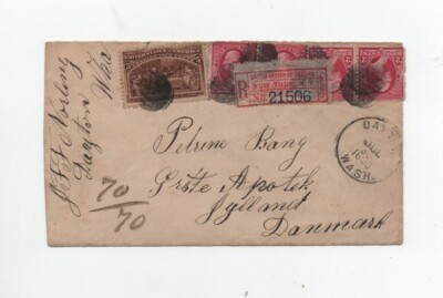 USA DAYTON 30.7.1893 EINSCHREIBEN NACH DÄNEMARK VIA NEW YORK 5 C. COLUMBUS
