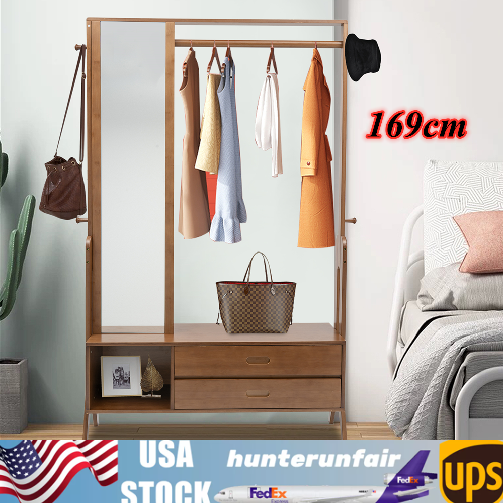 169cm Brown Bamboo Hall Tree with Mirror Coat Rack Storage Bench USA Made