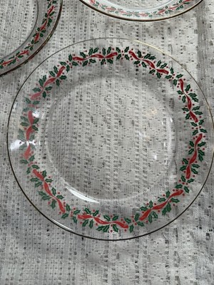Arcoroc Set of 6 Clear Glass Christmas Holly Berry Gold Rim Round  Plates