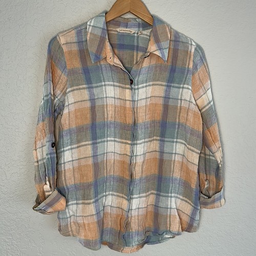 Soft Surroundings Linen Plaid Button Up Shirt Blue Pastel Gauzy Rainbow Summer - Picture 5 of 7