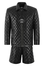 Men’s Quilted Leather Jacket and Shorts Matching Set Black 2-Piece Streetwear