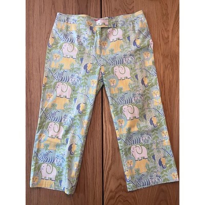 Key West Safari Animal Print Cropped Pants Womens 14 Blue Elephant Lion Zebra