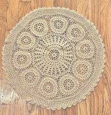 Vintage Round Beige Crocheted Table Doily Cover Tablecloth Thick 19  Grannycore