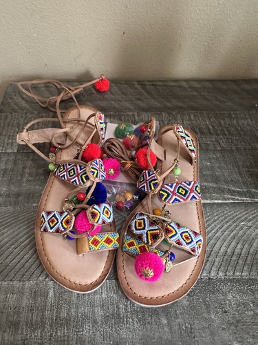 Chinese Laundry Womens Boho Leather Lace Up Beaded Pom Pom Sandals Women’s 7 - Picture 3 of 5