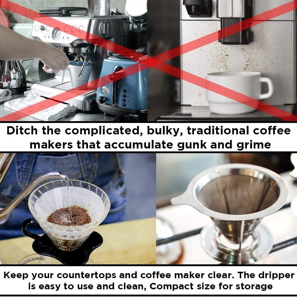 Stainless Steel Pour Over Coffee Filter, Reusable Fine Mesh Dripper for Cups