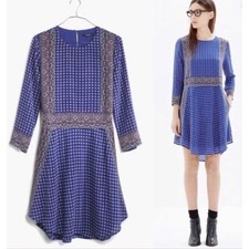 Madewell Ascot Blue Grid Pattern Silk Mini Dress Women Sz M
