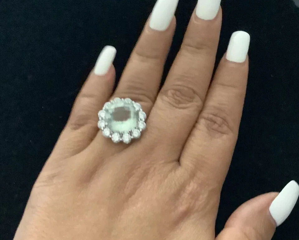 Anillo grande de plata de ley 925 con halo de prasiolita amatista verde de 14 quilates talla 6,5 Foto 4 de 4