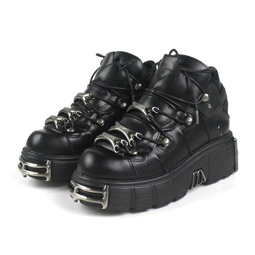 New Rock Boots mit metallischer schwarzer Lederplattform Schuhe - Bild 1 von 17