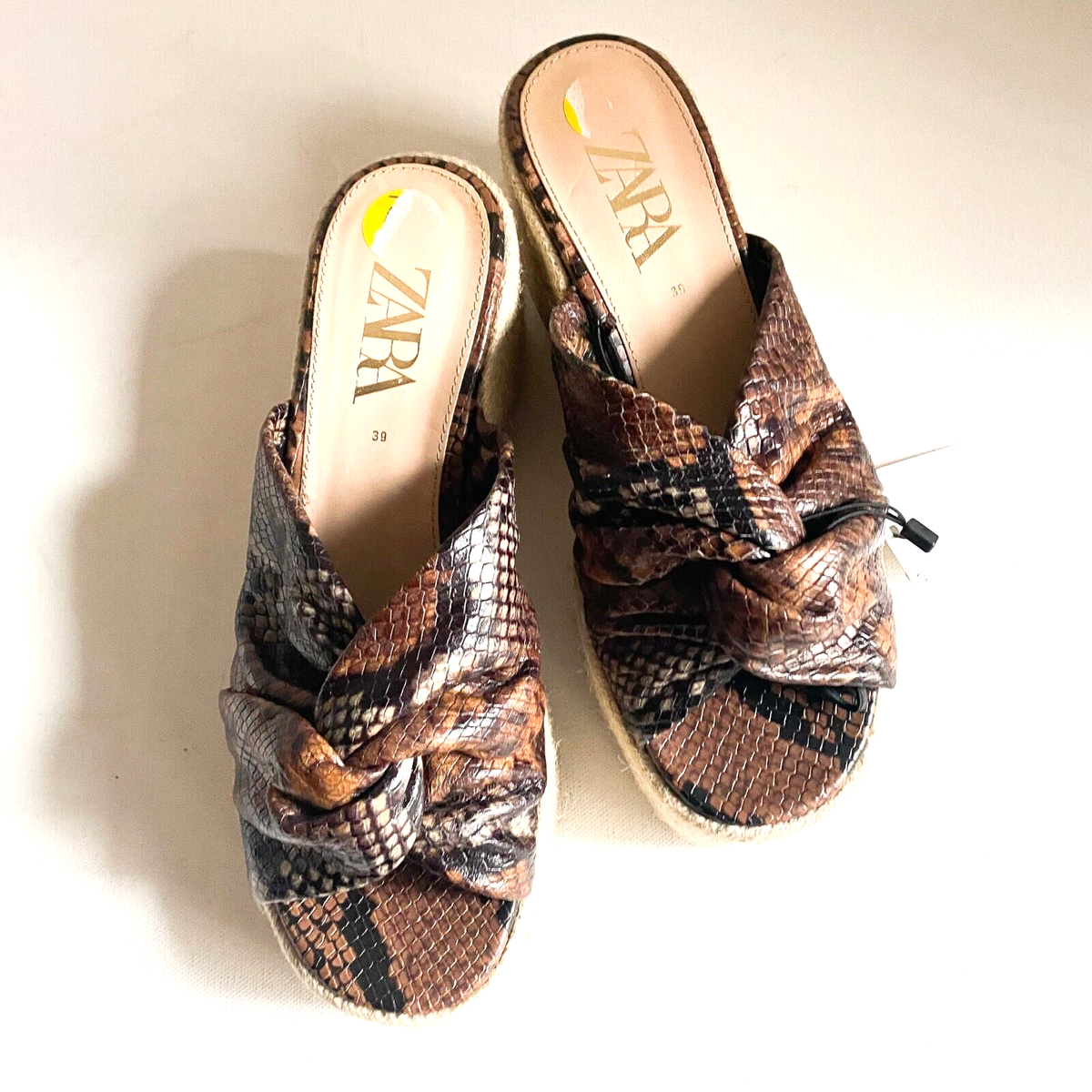 Zara Snakeskin Jute Wedge Slip on Chunky Platform Espadrilles 39