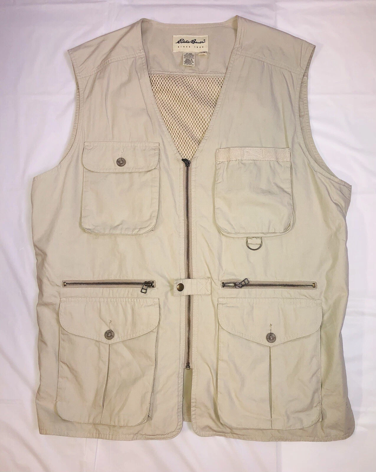 Eddie Bauer Vest Mens L Tan Pockets Full Zip Outdoors Fishing