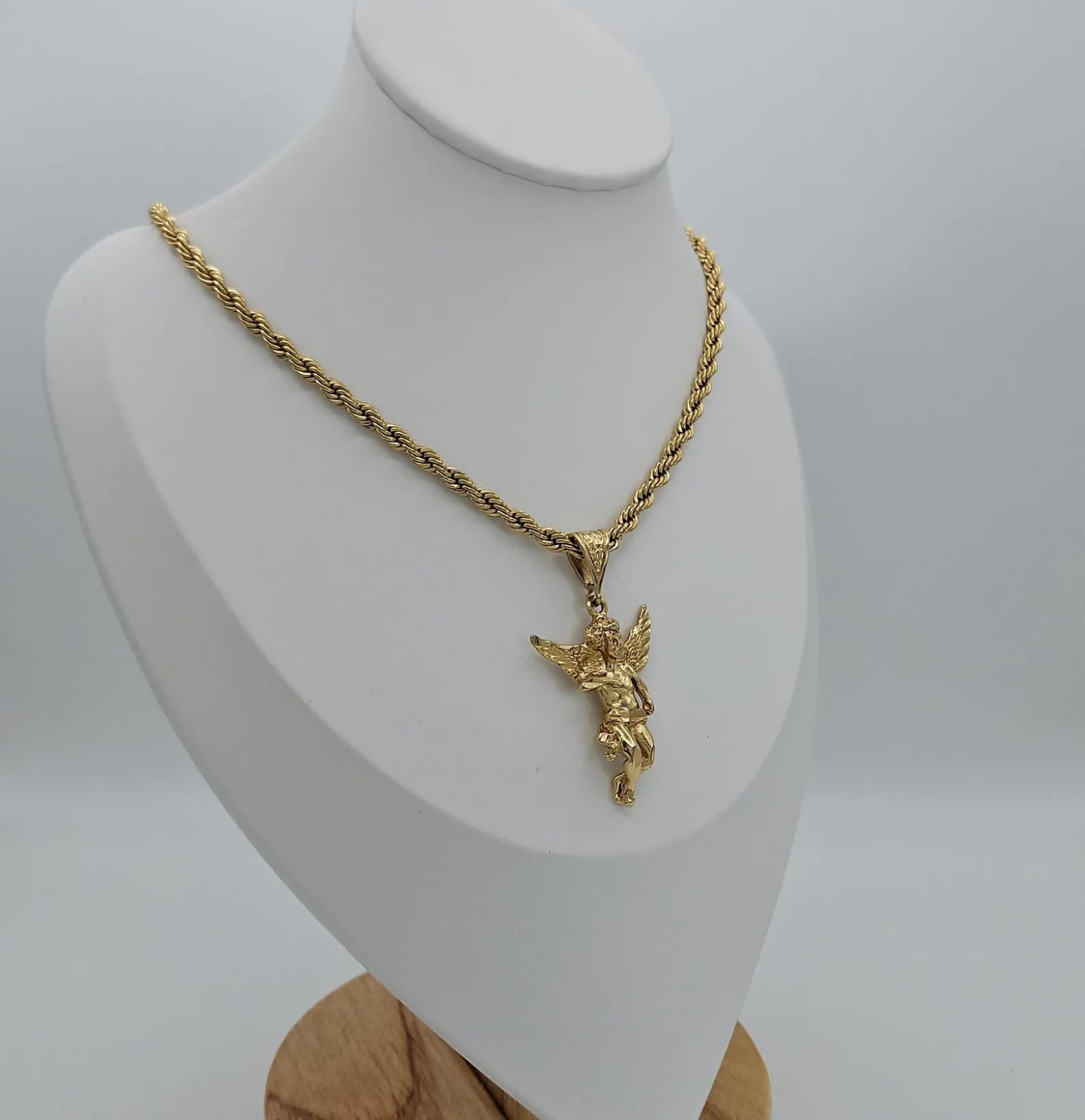 Gold Medium Sized Angel, 14k Heavy Plated Gold, 4mm Rope Chain