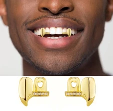 Custom 14K Gold Plated Iced CZ Upper Double Fangs Teeth Bar Grillz 2pc Set